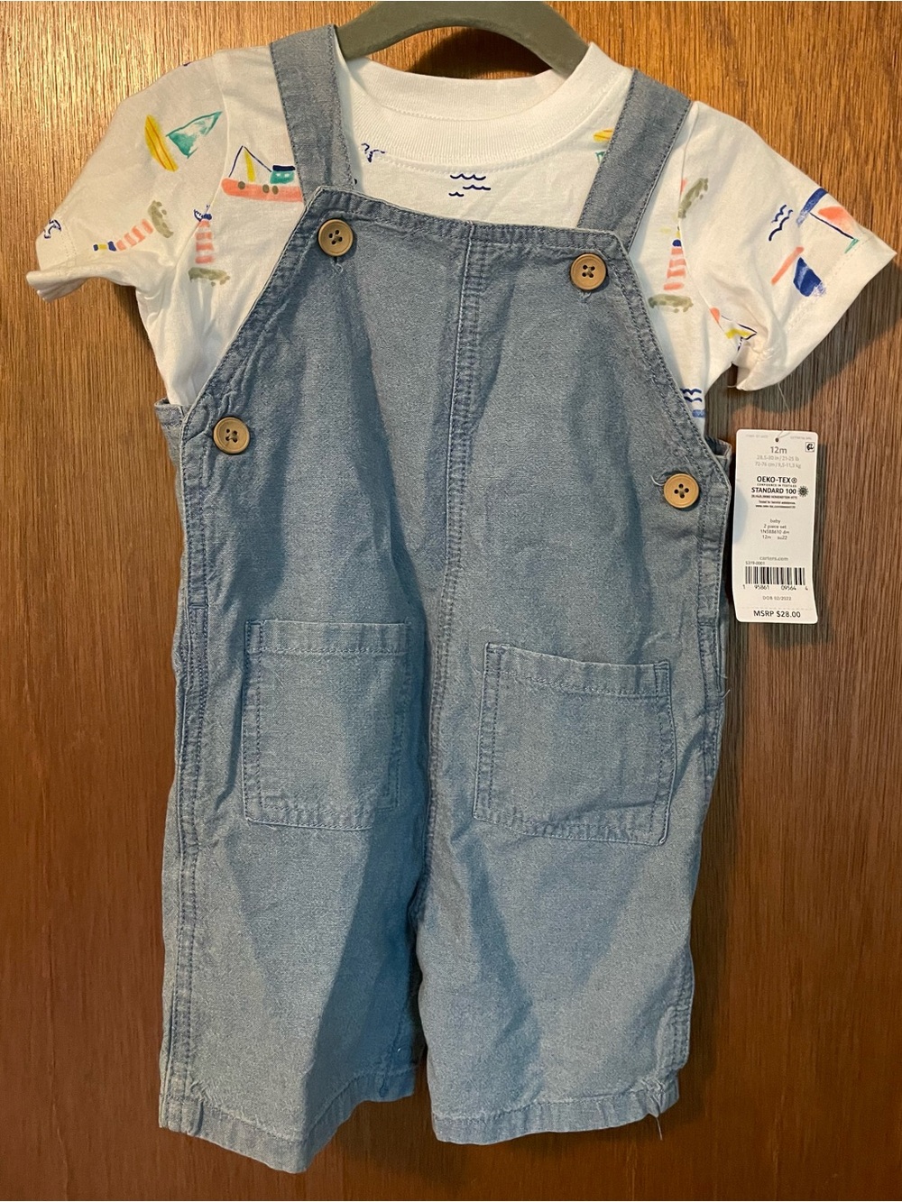 Carters - Boys 2-piece set - overall shorts & tshirt - sailboats - 12 months NWT